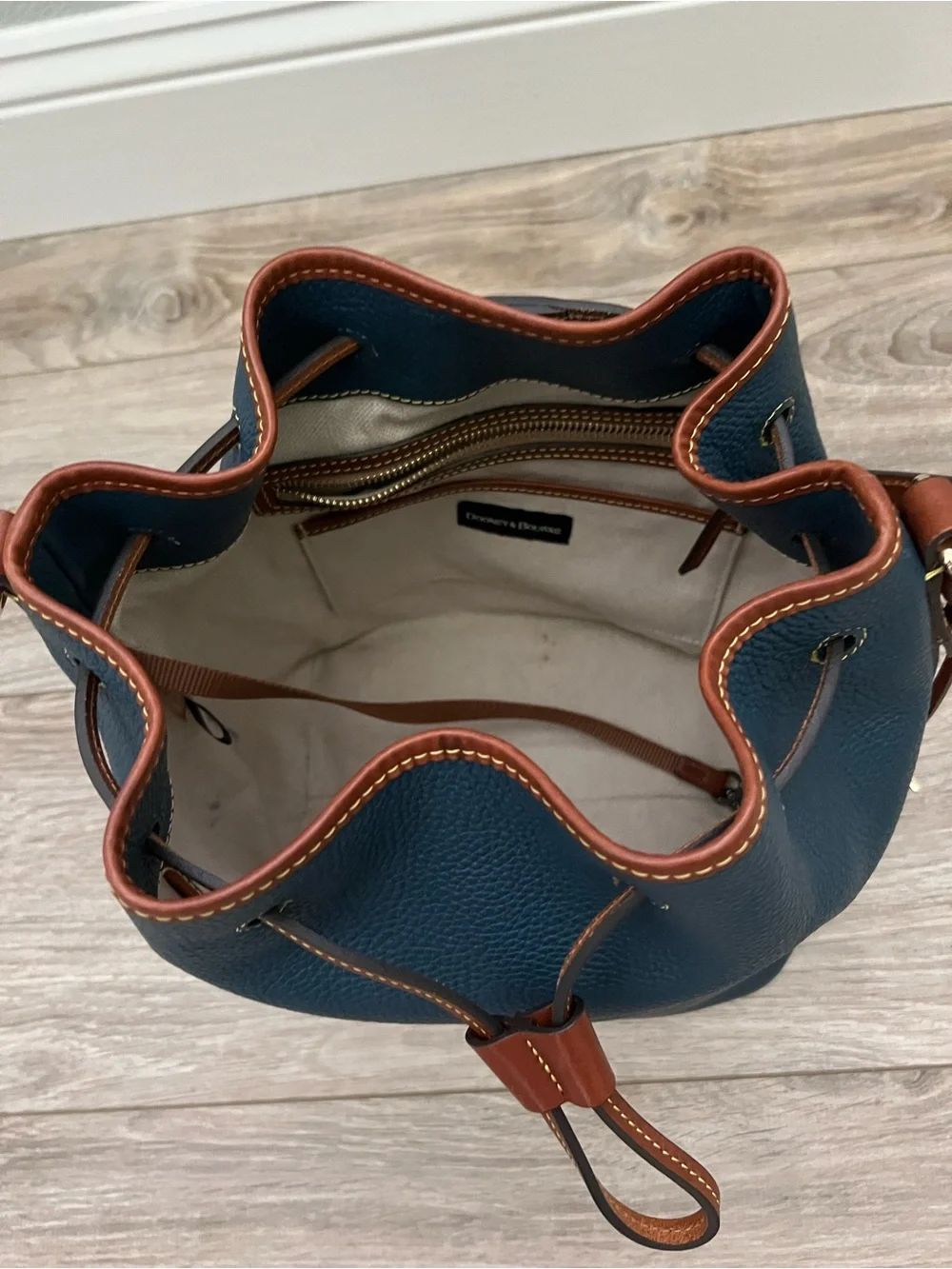 Dooney & Burke Women’s Jeans Blue Drawstring Bucket Bag with Tan Trim